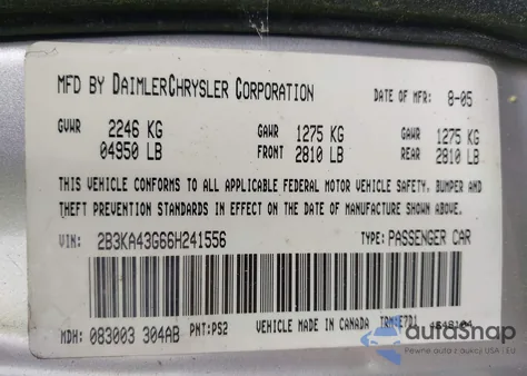 2006 Dodge Charger из США, поврежденный, VIN 2B3KA43G66H241556
